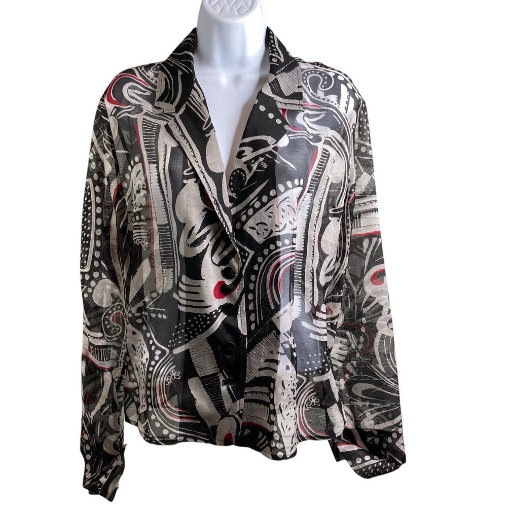 Chico's Women's Silk Art Deco Black Red Print Blouse Size 2 Large‎ Maximalist